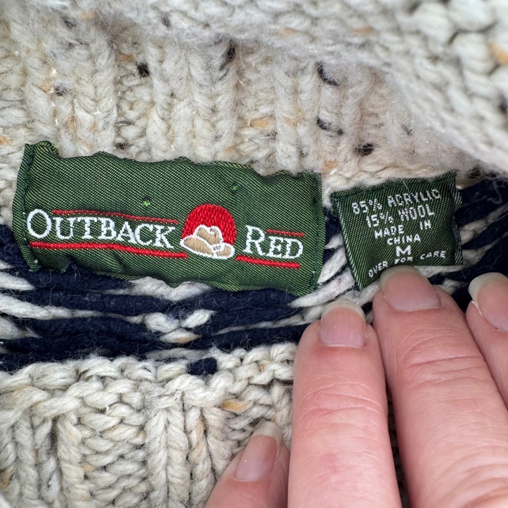 Vintage Outback Red Sweater Womens M Cream Fair Isle Wool Blend Mock Neck Chunky - Picture 7 of 9